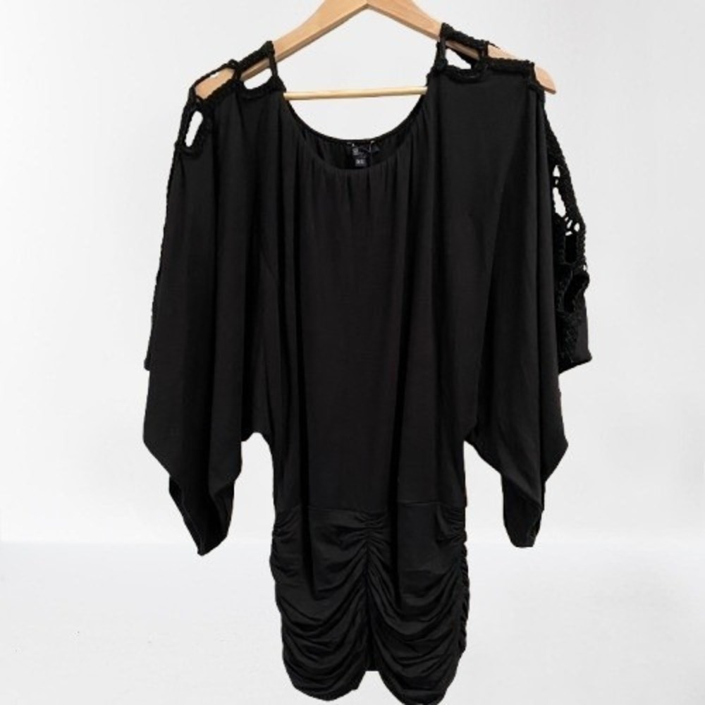 Sky Merceda Suede Braided Open Shoulder Black Tunic Mini Dress New XS‎